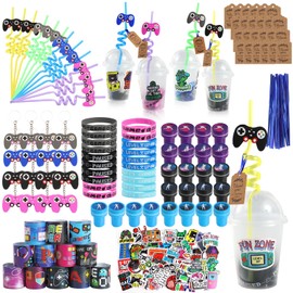 LiYiQ 292 Pcs Video Game Party Favors With Reusable Drinking Straws Cups Slap Bracelets Keychains Gift Tags Stamps Stickers and Twist Ties for Gamer Birthday Party Supplies (Blue and Black Game)