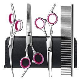 Dog Grooming Scissors, 5Pcs 6-Inch Professional Stainless Steel Titanium Coated Stainless Steel Dog Grooming Kit, Straight/Curved Shears Dog Scissors Set with Case & Comb, Pink