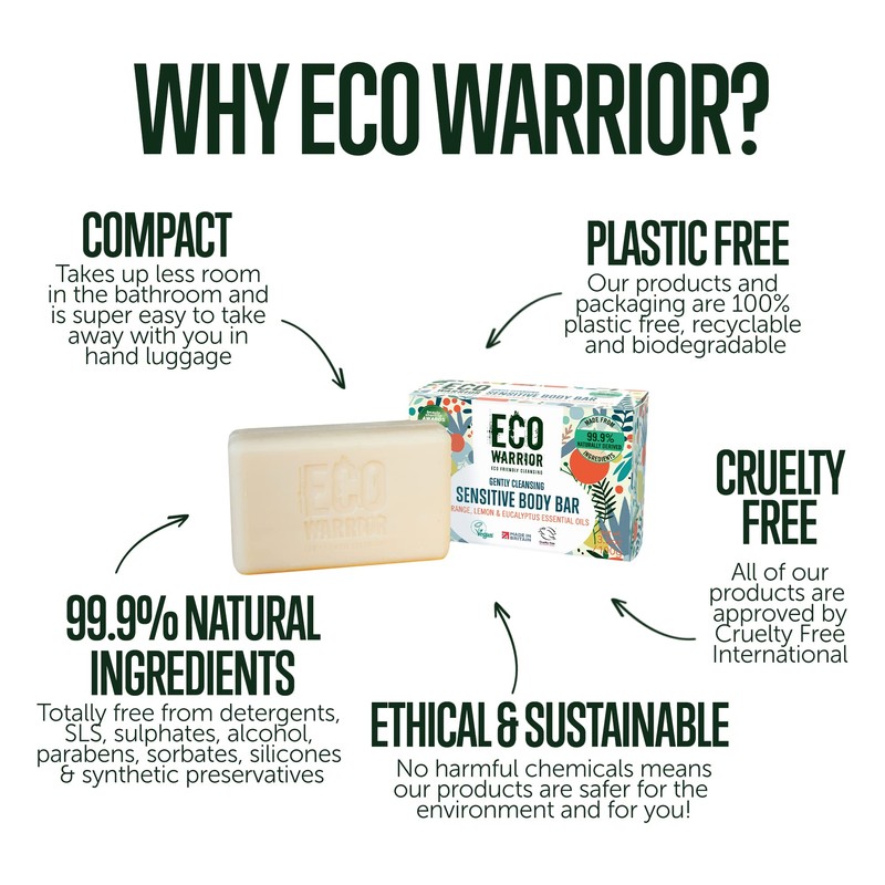 Eco Warrior Sensitive Body Soap Bar - Vegan, Cruelty Free,