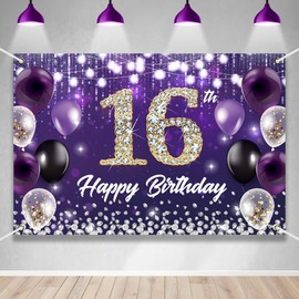 Happy 16th Birthday Backdrop Banner Purple Theme Background with Shiny Diamond Noble Elegant Birthday Party Photo Photography Prop Booth Background for Boys Girls Celebration 70.8x47.2in-BECKTEN