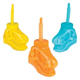 Fun Express 8 pieces Dinosaur Shaped Cups with Straws, Holds 4 oz, BPA Free Plastic, Dino Dig Party Supplies, Multi-Color