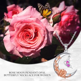 Shroova Butterfly Opal Pendant Necklace Moon&Rose,925 Sterling Silver Hypoallergenic Necklace for Women,Gemstone Jewelry Birthday Gifts For Women Her(18" + 2" Extender Chain)