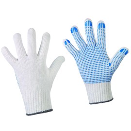 D2D | 12 Pairs - White Knitted Gloves with Blue PU Nubs - Size: 7 (S) - Cotton Standard EN 388 - Moving Gloves - Monthly Gloves - Non-Slip Gloves