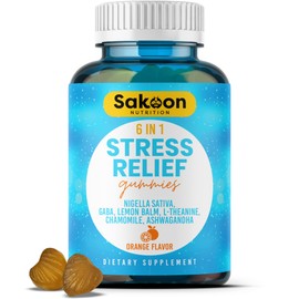 6-in-1 Stress Relief Gummies 60ct - Aids Relaxation with Ashwagandha, GABA, L-theanine, Lemon Balm, Chamomile, Black Cumin Seed Nigella Sativa. Improved Deep Sleep, Joint Support - 60 gummies