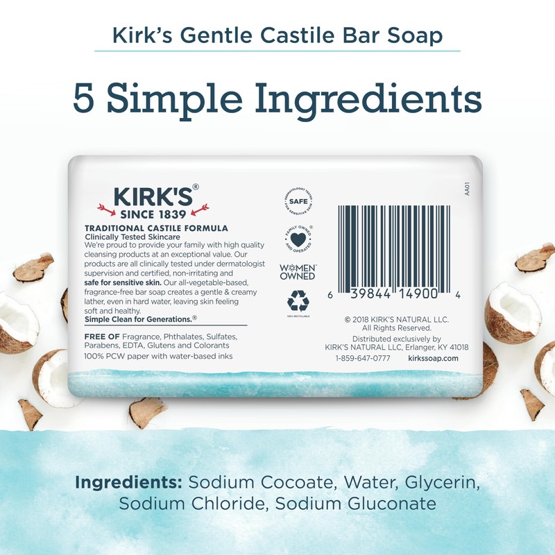 Castile Bar Soap by Kirk’s | Clean Soap for Men,