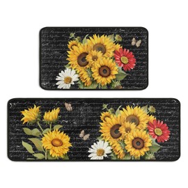 Kuyig Home Kitchen Mats for Floor Sunflower Kitchen Rugs Sets of 2 Non Slip Absorbent Washable Kitchen Rugs Anti Fatigue 17"x47"+17"x30"