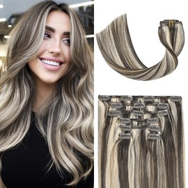 UGOTRAYS Clip in Hair Extensions Dark Brown Mixed Bleach Blonde Highlight Hair Extensions 12 Inch 70g 7pcs Straight Real Human Hair Extensions Double Weft #2p613
