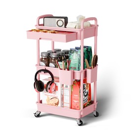 Sorgion 3 Tier Rolling Cart Organizer,Laundry Room Bathroom Organizers and Storage Office Shelves Mobile Shelving Unit Kitchen Trolley Cart with Wheels for Art,Craft,Diaper,Bedside,Snack(Pink)