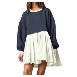 Pleated Oversized Sweatshirt Dress Women Pullover Long Sleeve Crewneck Tops Patchwork Flowy Fall Loose Mini Dress(A-Dark Grey,Large)