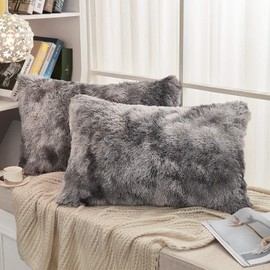 JAUXIO Faux Fur Decorative Throw Pillow Shams 2 Pack Abstract Style Tie Dye Printed Shaggy Pillowcases Crystal Velvet Reverse Queen Size (20X26 Inches, Dark Grey)