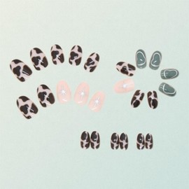 Press on Nails Almond - Short Cute Green False Nails - Oval False Nails with Glue Black and White - Acrylic Fake nails Stick on Nails for Women Girls