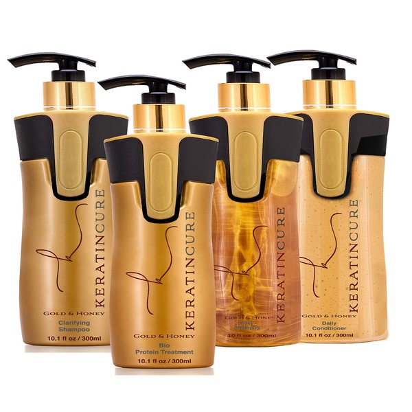 Keratin Cure Brazilian Hair Smoothing Treatment Kit Gold & Honey V2 CREME 4 Piece Kit 300 ML /10 FL OZ - Tratamiento Brasilera de Keratina Alisado (300ml/ 10 fl oz FBA)