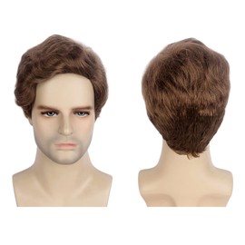 REEWES Men's Light Brown Short Curly Layered Wavy Natural Synthetic Full Wig for Men Daily Party Costumes Cosplay