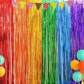 8 Pack Rainbow Foil Fringe Curtains Rainbow Party Decorations 3.3ft x 6.6ft Fringe Backdrop Metallic Tinsel Streamers Photo Booth for Birthday Party Baby Shower Decor (4 Set)