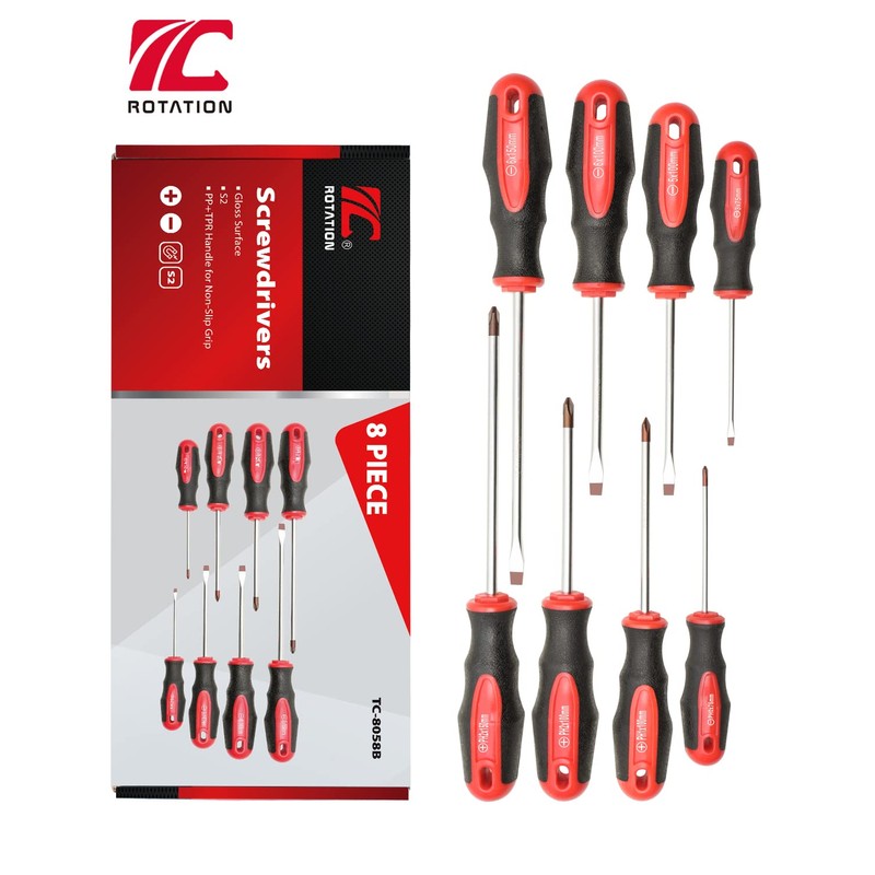 ROTATION 8-Piece Magnetic Screwdrivers Set with red tip, 4 Phillips