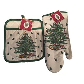 Spode Christmas Tree 2-pc Kitchen Gift Set Includes Oven Mitt and Square Pot Holder Bundle