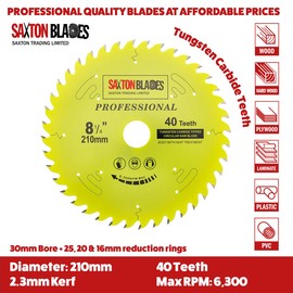 TCT21040TPRO Saxton Professional Range TCT Circular Saw Blade 210mm x 40T x 30mm Bore, 16, 20, 25mm, 25.4mm Reduction Rings Compatible with Evolution Festool Bosch Makita Dewalt