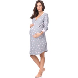 Italian Fashion Women's Night Gown, Birthing / Nursing Nightdress, Maternity Nightwear, Maternity Fashion with Button Placket, Nightshirt for Pregnant Women, Size L, Pink / Grey - Pink (blend/pink), size: xl