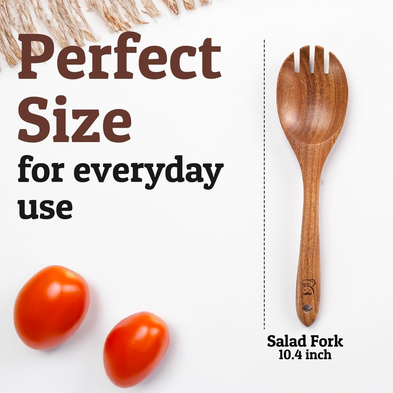 PriorityChef Premium Wooden Salad Servers - Handcrafted Teak Wood Spork
