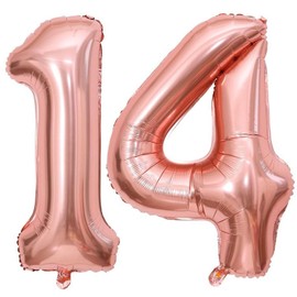 Rose Gold 14 Number Balloons, 40 Inch Giant Number 14 Balloons Foil Mylar Helium Rose Gold Number Balloons for 14th Birthday Party Supplies Anniversary Event Celebration Decorations