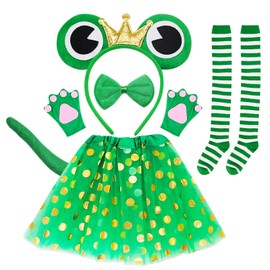 Jokureao 6PCS Frog Costume Set-Frog Ears Headband Bow Tie Frog Tail Princess Tutu Animal Costume, Kids Frog Cosplay with Paw Gloves Socks, Animal Costume Set for Fancy Dress Party Prop Cosplay