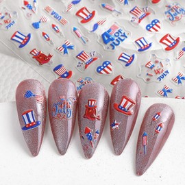 Self Adhesive Independence Day Nail Art Stickers 5D Independence Day Manicure Decals with hat Bow Designs Nail Decoration for Women Manicure Art Accessories (Independence Day E)
