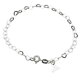 Sterling Silver Flat Heart Link Charm Bracelet Nickel Free Chain Italy, 7.5"