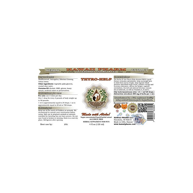 HawaiiPharm Thyro-Help for Cats, Veterinary Natural Alcohol-Free Liquid Extract, Pet