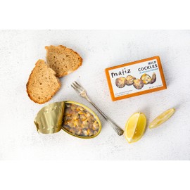 Matiz España Wild Cockles from Galicia, Spain in Natural Sea Salt Brine (4 oz.) Spanish Berberechos, Small Clams, Hand Packed, Size 45/55 (Pack of 1)