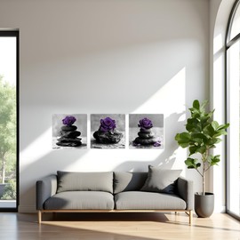 Nachic Wall Rose Flowers Wall Art Zen Stones Picture Canvas Print Framed Modern Meditation SPA Room Bathroom Wall Decor (Purple)