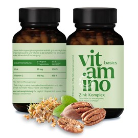 Vitamino Basics Zinc - Zinc Capsules High Dose with Zinc & Vitamin C, for Immune System, Skin, Hair & Nails, Vegan, Gluten-Free, Lactose Free - 180 Capsules