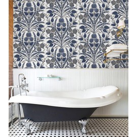 CiCiwind Wallpaper Peel and Stick Wallpaper 197"×17.3" Removable Self Adhesive Wallpaper Boho Floral Wall Paper White and Blue-Purple Contact Paper for Living Room Bedroom Bathroom