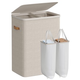 SONGMICS Laundry Basket, 44.9 Gal. Laundry Hamper, 2 Compartments, Easy Assembly, with Lid and Handles, Removable Liners, 22 x 15.7 x 29.5 Inches, Cappuccino Beige ULCB813L01