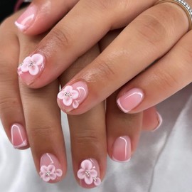 24 Pcs Summer Press on Nails Short Square 3D Flower Design,YIHONGYAN Simple Fake Nails Gradient Pink Press ons French Nail Tip Acrylic Set Glue on Nails Full Cover False Nails Stick on Nails for Women