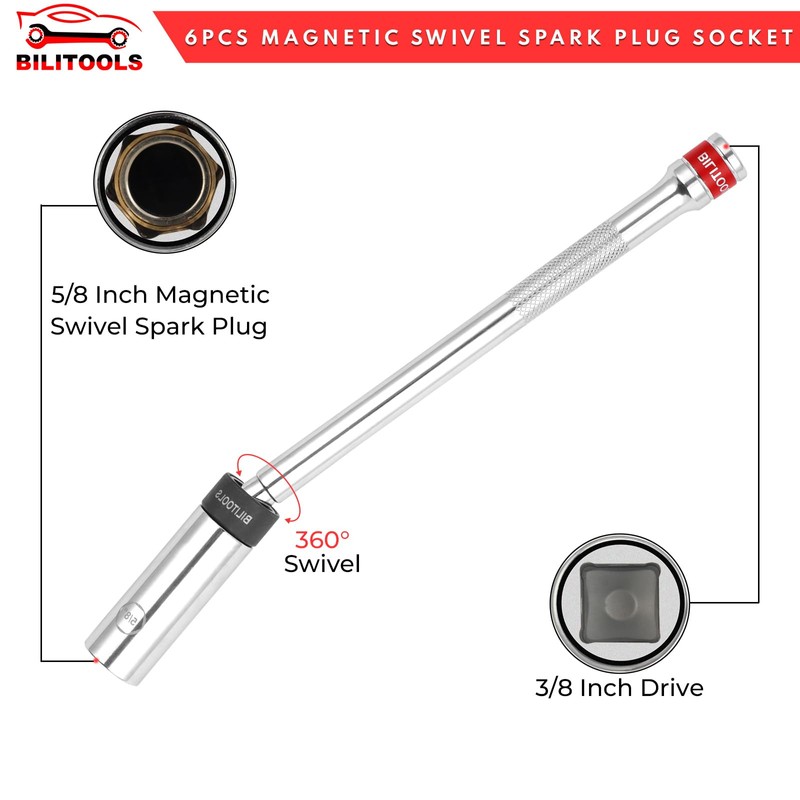 BILITOOLS 6 Piece 3/8-Inch Drive Magnetic Swivel Spark Plug Socket