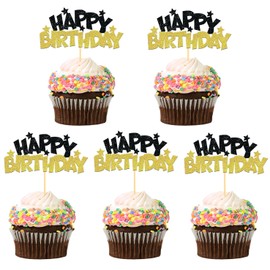 Moitkptt 24pcs Gold Metallic Happy Birthday Cupcake Toppers