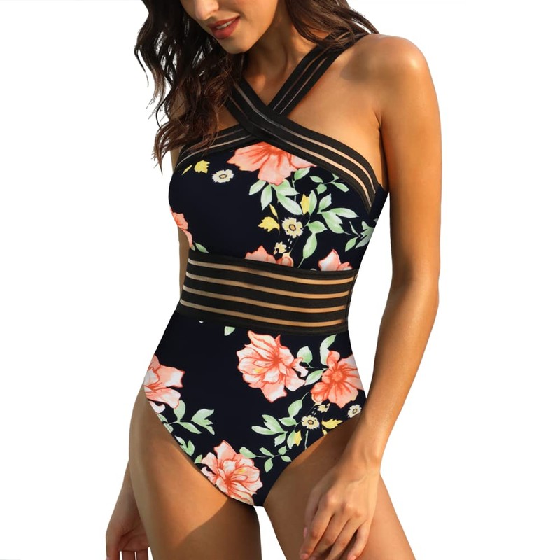 Hilor Women's One Piece Swimwear Front Crossover Swimsuits Hollow Bathing
