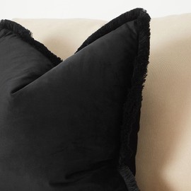 JUSPURBET Pack of 2 Black Decorative Fringe Velvet Throw Pillow Covers 18x18 for Home Decor Living Room Bedroom Car Boho Soft Cushion Cover with Hidden Zipper Machine Washable