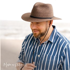 Bigalli Odyssey Poly Braid Straw Fedora Hat for Men/Women Summer Beach Derby Hat | Crushable, Center Dent Shape, Polyester Cord & Chinstrap, UPF 80 | Chocolate Small