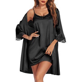 Ekouaer Sleepwear Women's Satin Nightgown with Robes Set 2 Piece Sexy Lace Cami Nightwear Black XXL