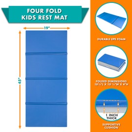 ProSource Four-Fold Kids Rest Mat, 1-inch Thick Sleeping Mats for Kids, Foam Foldable Cushion for Child Comfort, 45-in - Blue/Grey