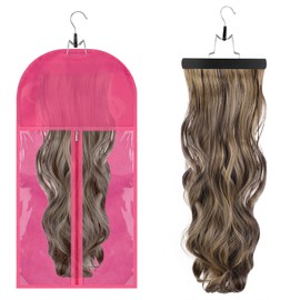 Hair Extensions Storage Bag with Hanger, Dustproof Bag Hairpieces Storage Holder Portable Wigs Carrier Case Hair Extension Travel Bag with Anti-Slip Hair Hanger for Store Style Hair Daily Use, Rose