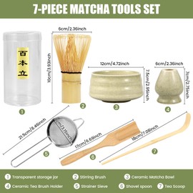 7Pcs Elegant Matcha Making Set With Whisk, Storage Holder, Powder Sifter, Ceramic Bowl, Tea Spoon (Light Green)