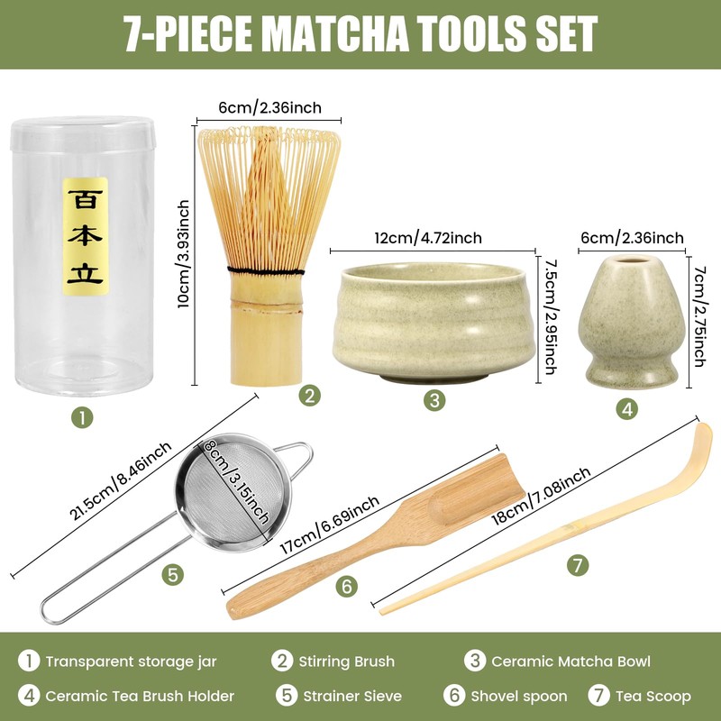 7Pcs Elegant Matcha Making Set With Whisk, Storage Holder, Powder