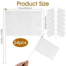 Small White Flag, Pack of 24 Mini Hand Hold Flag, 14 x 21 cm Flags with Pole and Spear Tip for Sports Events, Celebrations and Parties