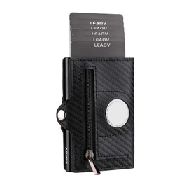 Leaov Air Tag Wallet for Men, Anti-Lost Slim Leather Wallet with AirTag Case, RFID Blocking Front Pocket Wallet for Airtag with Gift Box(Carbon Black)