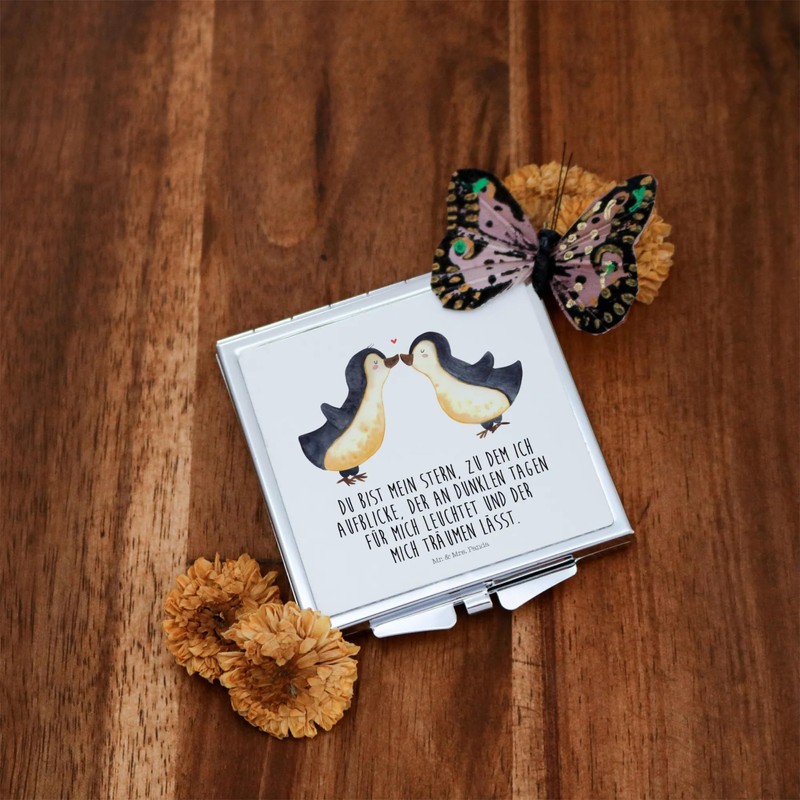 Mr. & Mrs. Panda Handtaschenspiegel quadratisch Pinguin Liebe - Geschenk,
