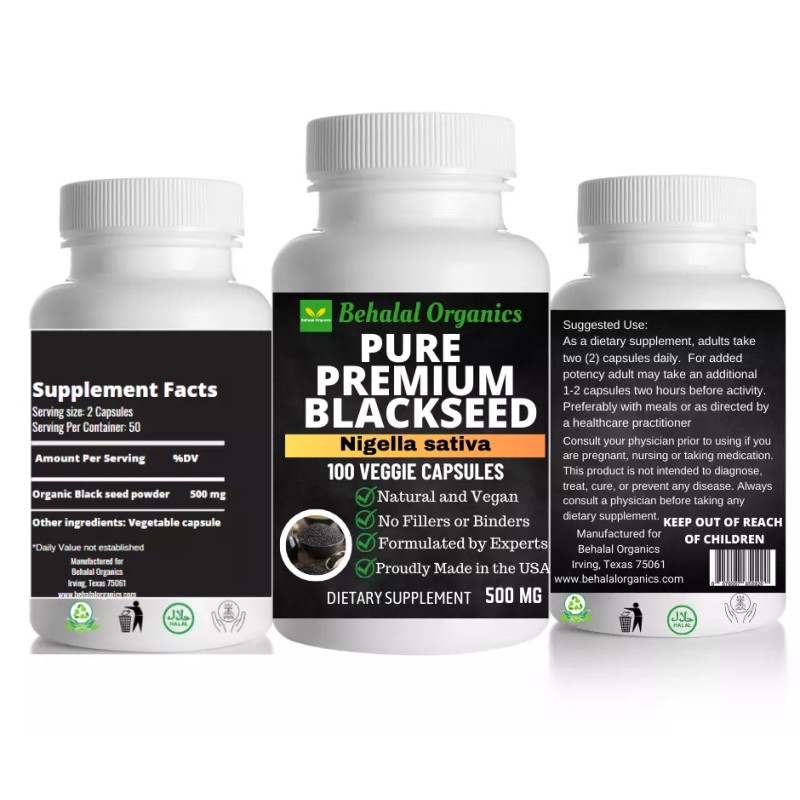 Behalal Organics Black Seed Nigella Sativa 500mg Vegan Capsules 100