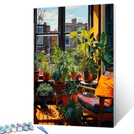 Window Sill Landscape Paint by Numbers Kits for Adults DIY Canvas Oil Painting Acrylic Pigment Kits Green Leaf Potted Plant Paint by Number Home Wall Art Decor Gift Artwork 16x20In (Frameless)