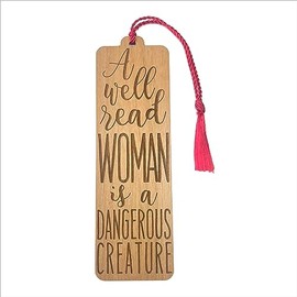 Wood Bookmark - Well Read Woman is a Dangerous Creature Quote - Laser Engraved - Made in The USA - Wooden Book Mark with Red Tassel